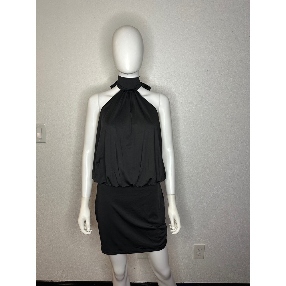Black Halter Neck Blouson Mini Dress Open Back Cocktail